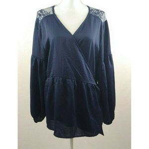 Suzanne Betro Womens Top 1X Navy Blue Wrap Long Sleeve Lace Floral V Neck